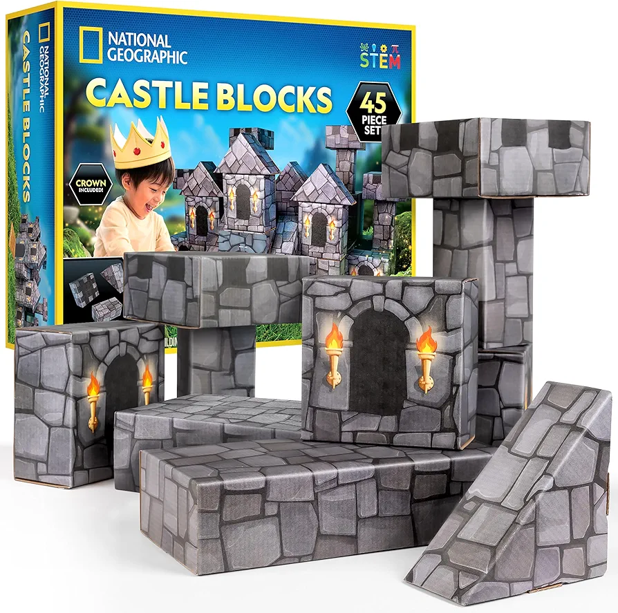 National Geographic Jumbo Cardboard Building Blocks – 45-Pc. Extra-Thick Cardboard Bricks for Kids, Build a Castle Play House, Indoor Playhouse, Large Building Blocks for Kids, Kids Giant Blocks