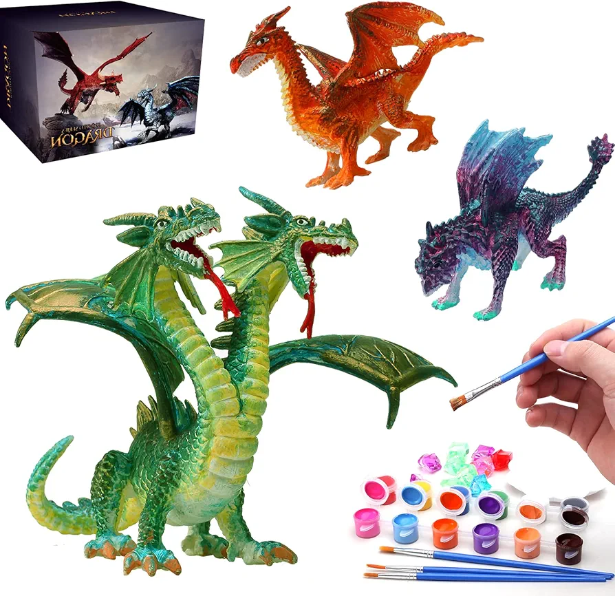 SOLDAY Dragon Toys Painting Kits for Kids Arts and Crafts Ages 3 6 5 7 9 12 Boys Girls to Paint Your Own Paintable Figurines Birthday Party Supplies - Twin Head Dragon