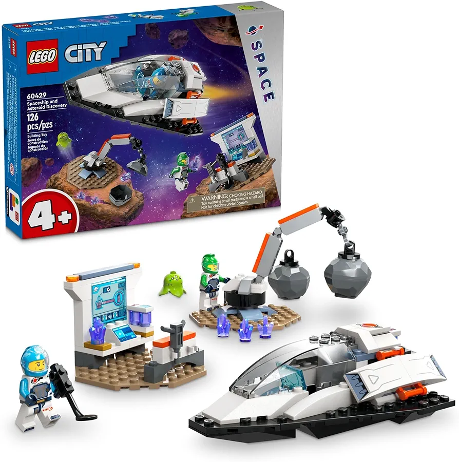 LEGO City Spaceship and Asteroid Discovery Toy Building Set, Gift for Kids Ages 4 Years Old and Up who Love Pretend Play, includes 2 Space Crew Minifigures, Alien, Crystals, and Crane Toy, 60429