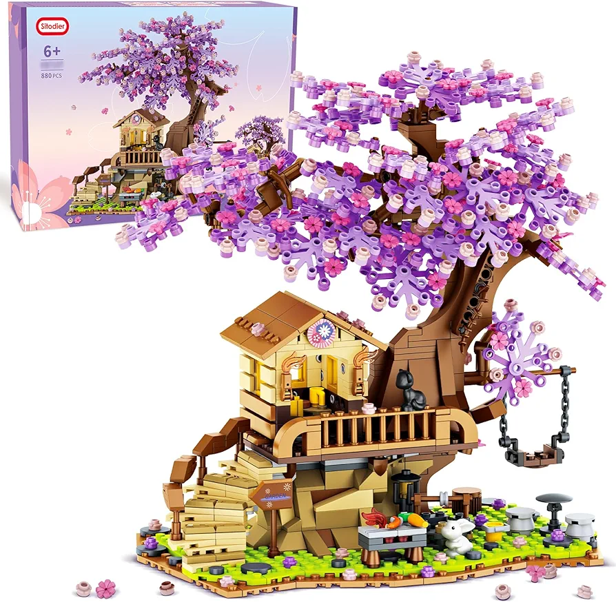 Cherry Blossom Tree House Building Toy, 880pcs Cherry Blossom Bonsai Building Set with LED Light for Girls Aged 6-14, Flowers House Construction Set for Kids 6 7 8 9 10 11 12+