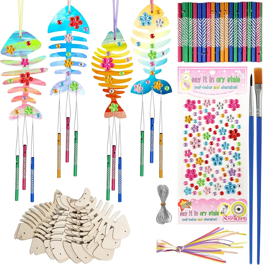 12 Pack Wooden Fish Bone Wind Chime Craft Kit for Kids & Adults - DIY Coloring & Decorative Ornaments for Craft Activities, Party Supplies