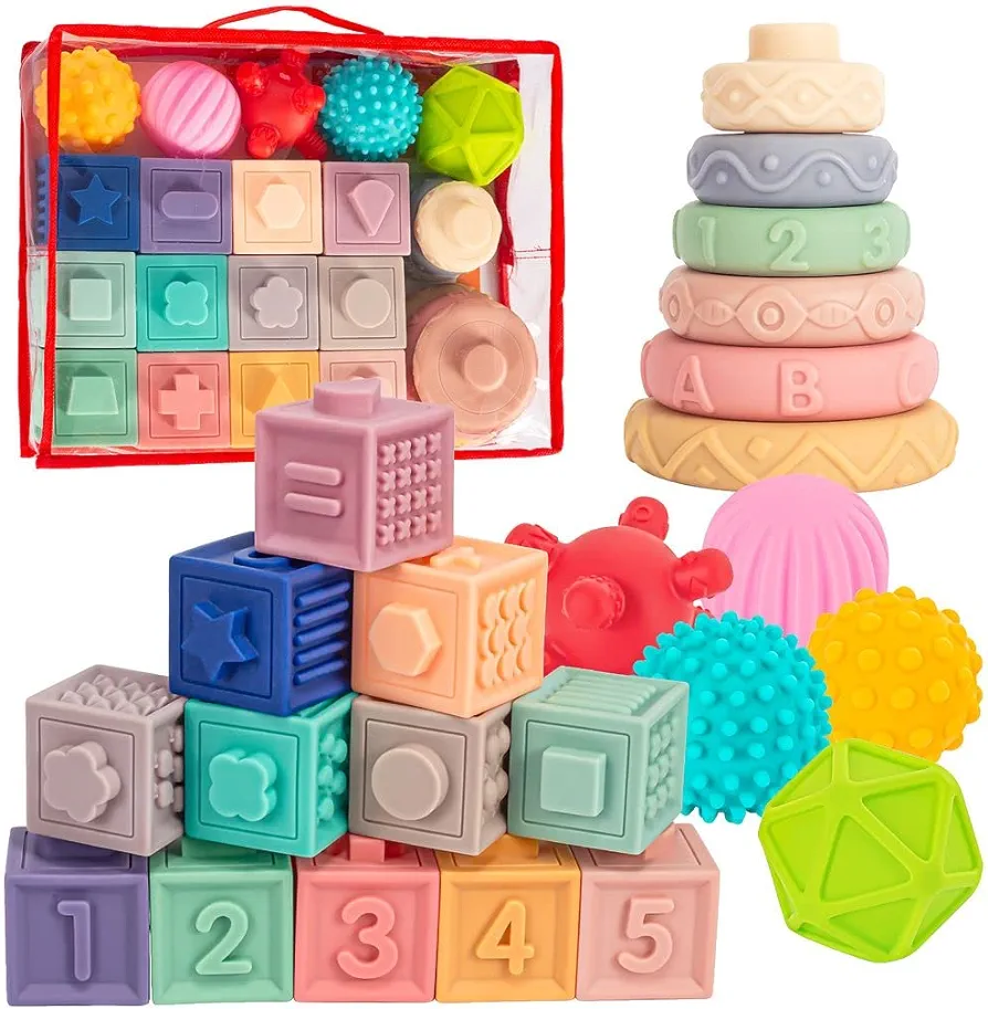 Springflower 3 in 1 Montessori Toys for Babies 0-3-6-12 Months, Soft Baby Teething Toys, Stacking Building Blocks for Infants, Sensory Developmental Education Toys for Toddler Baby 12-18 Months,23 PCS