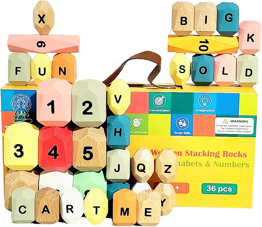 36 PCS Wooden Sorting Stacking Rocks Stones,Sensory Toddler Toys Montessori Toys, Building Blocks Game for Kids 3 4 5 6 7 Years Boy and Girl Birthday Gifts for Kids with alphabets and numbers