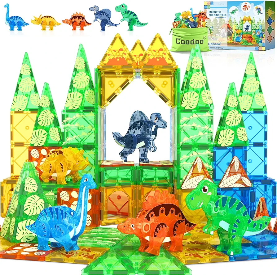 Dinosaur Toys Magnetic Tiles 3D Movable Dinos for Kids 3-5 5-7 Toddler Outdoor Sensory Toys, STEM Educational Magnetic Blocks for 3+ Years Old Boys Girls Kids Toys