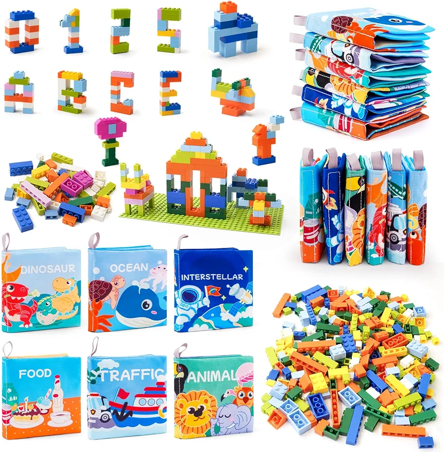 Soft Baby Crinkle Book Set and 500 Pieces Building Bricks Set