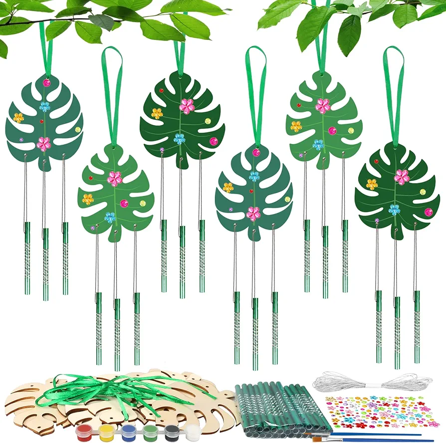 9 Pack Tropical Wind Chime Kit for Kids Make You Own Monstera Leaf Wind Chimes Ornaments DIY Coloring Wooden Art and Craft for Summer Art Activities Aloha Hawaii Tropical Party Decorations