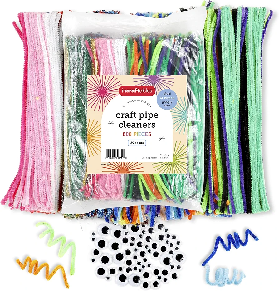 Incraftables 600pcs Pipe Cleaners Craft Supplies Set (20 Colors). Best Thick Fuzzy Chenille Stems Sticks with Googly Eyes. Colorful & Assorted Bulk Pipecleaners for DIY Arts & Crafts (12 inch Long)