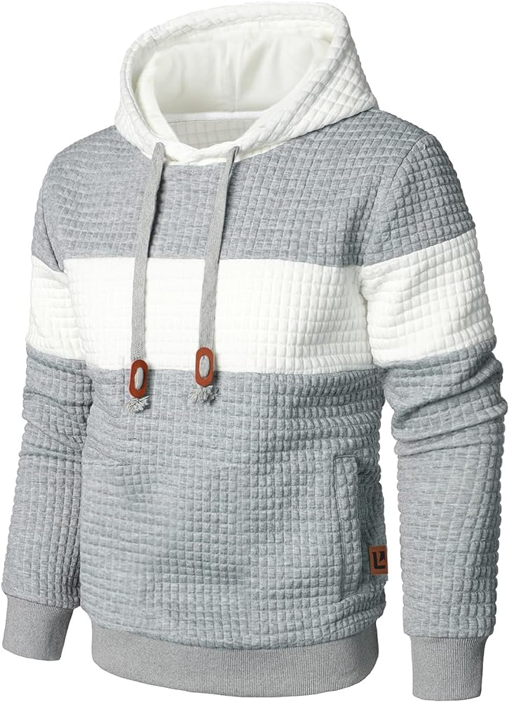 Men’s Sweatshirts Long Sleeve Pullover Patchwork Plaid Jacquard Hoodie Casual Drawstring Hoody Top