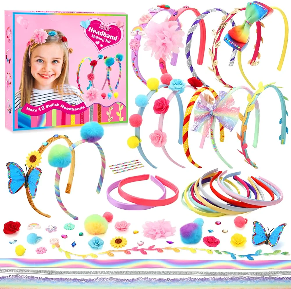 Headband Making Kit for Girls Arts and Crafts for Kids Ages 4-6 6-8 8-12 Make Your Own 12 Fashion Headbands DIY Hair Accessories Set Toys for 4 5 6 7 8 9 10 11 12 Year Old Girl Birthday Gifts