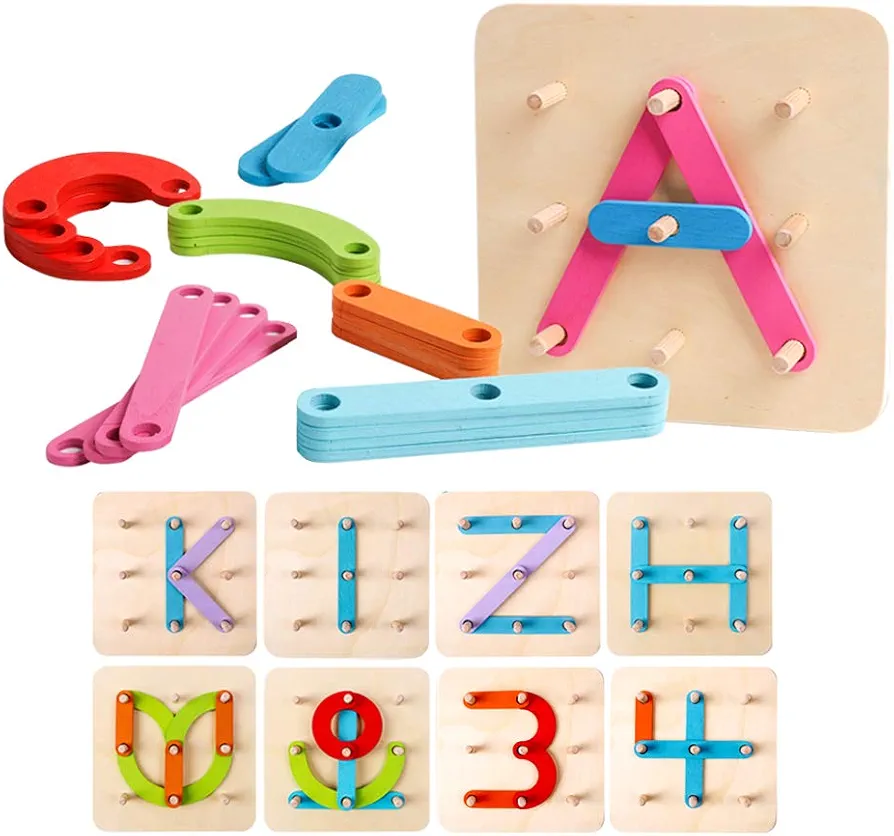 kizh Wooden Letter and Number Construction Activity Set Educational Preschool Toys Shape Color Recognition Pegboard Sorter Set Board Blocks Stack Sort for Toddler Kids Boys Girls Toy