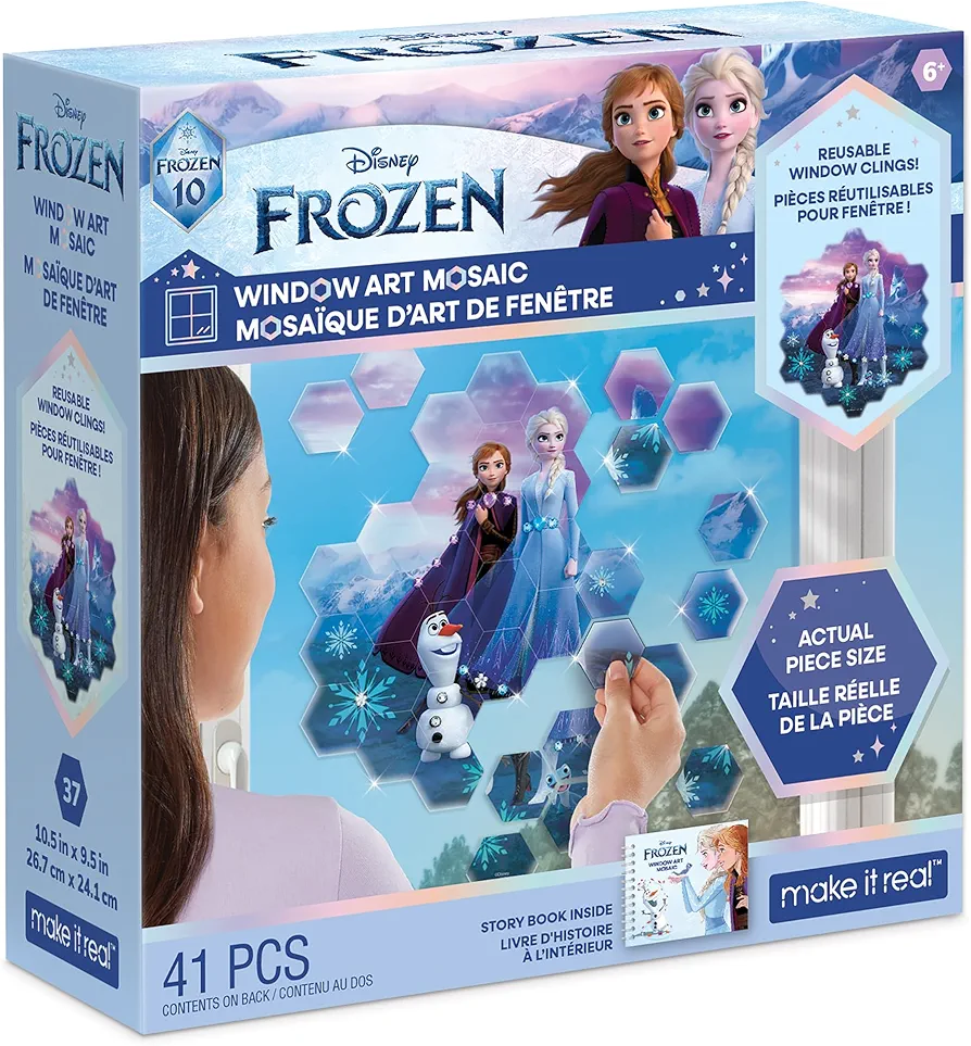 Make It Real Disney: Window Art Mosaic - Frozen - 41 pcs, Reusable Window Puzzle Clings, Creates a 10.5 x 9.5 Image, Kids Ages 6+