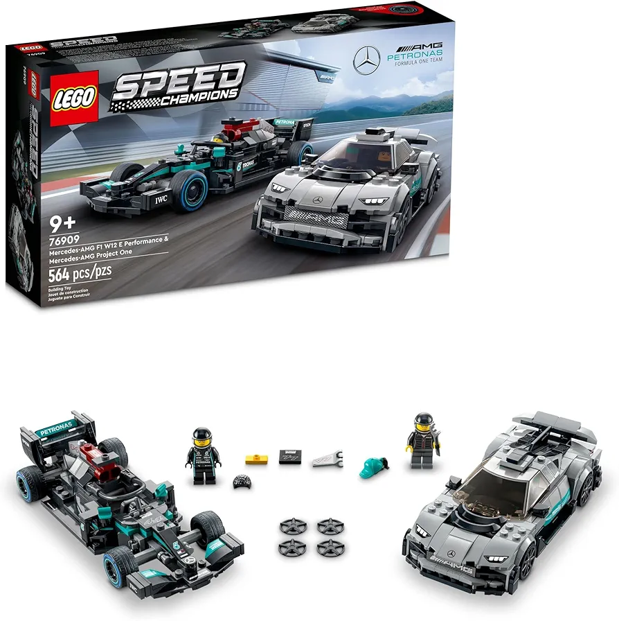 LEGO Speed Champions Mercedes-AMG F1 W12 E Performance & Mercedes-AMG Project One Toy Cars, Sports Car Model Building Kit, Collectible Race Car Toy, First Day of School Gift for Kids and Teens, 76909