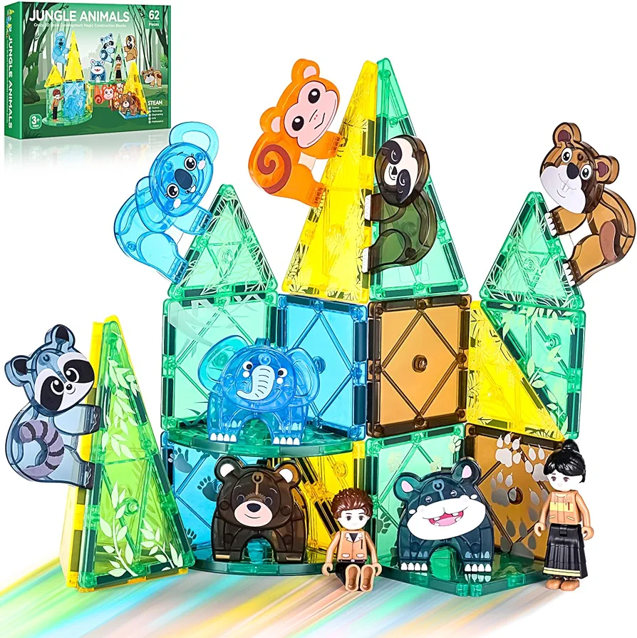 Magnetic Tiles Set, Magnet Blocks Building Toys, Safari Animals Magnetictile for Toddler 1-3 3-5, Assembly 3D Structure Jungle & Forest Theme, STEM Learning Toy for Kids Girls,Boys Age 3 4 5 6 7