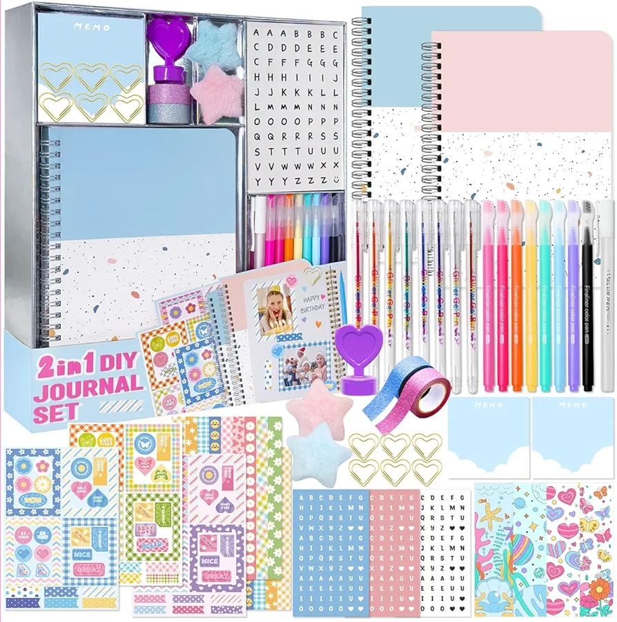 2-Pack DIY Journal Kit - Great Gift for 8-14 Year Old Girl, Art & Crafts Stuff, Scrapbook & Diary Supplies Set for Tween & Teenage Girls, Birthday Gifts for Girls Ages 8 9 10 11 12 13 14