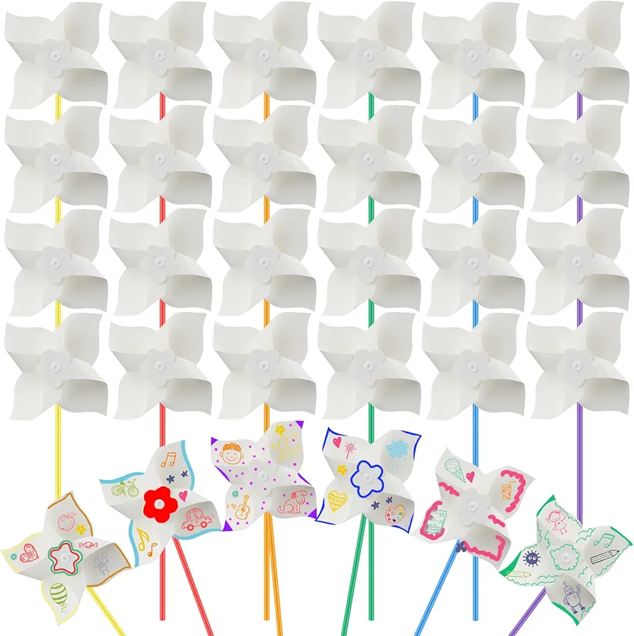 Poen DIY Pinwheels Craft White Blank Paper Pinwheels Color Your Own Pinwheels for Kids Boys Girls Summer Activity Arts and Craft Daycare Project Party Favor, 5 Inches (48 Pcs)