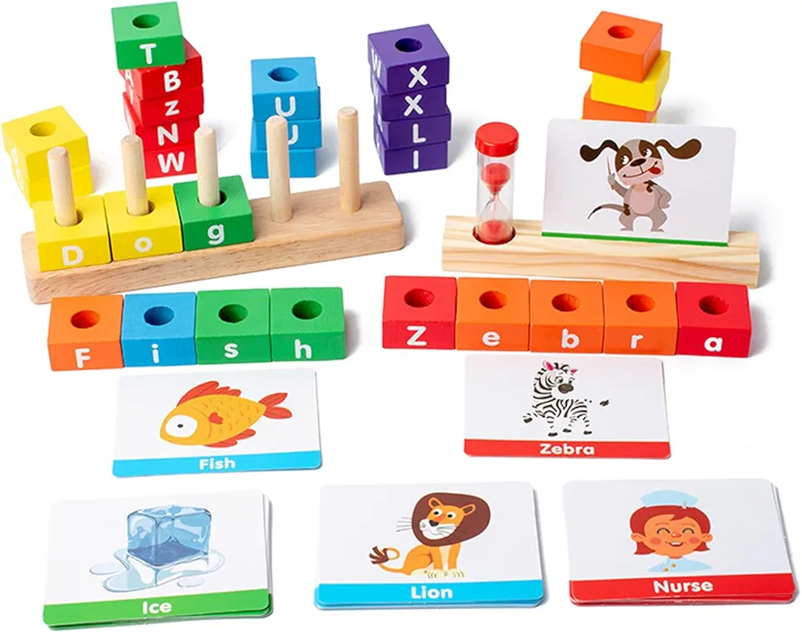 Wooden Learning Toys for Ages 3-8 Year Olds Boys Girls 2 in 1 Matching Letter Game & Colored Building Blocks Toddler Educational Toys for Kids Ages 3-8 Halloween Birthday Party Xmas Gifts