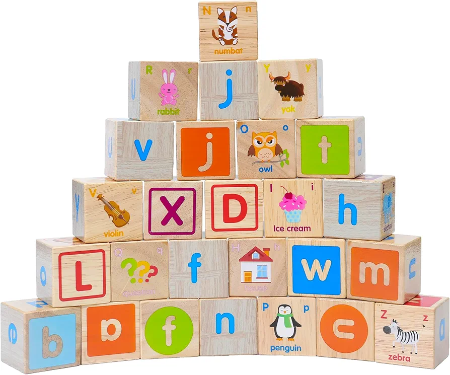 Montessori Mama Wooden Blocks for Toddlers 1-3 - Large 1.6" Hardwood Stacking Blocks with Letters, Shapes, Colors, and Images - Perfect for Early Development and Play