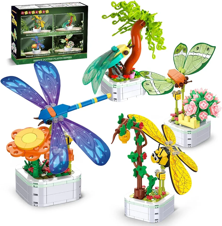 HOGOKIDS Insect Collection Building Set - 4 Packs Bug Building Toys, 830PCS Butterfly Dragonfly Bee Potted Flowers Display Model Home Plant Decor Anniversary Birthday Gift for Adults Kids Girls 6+