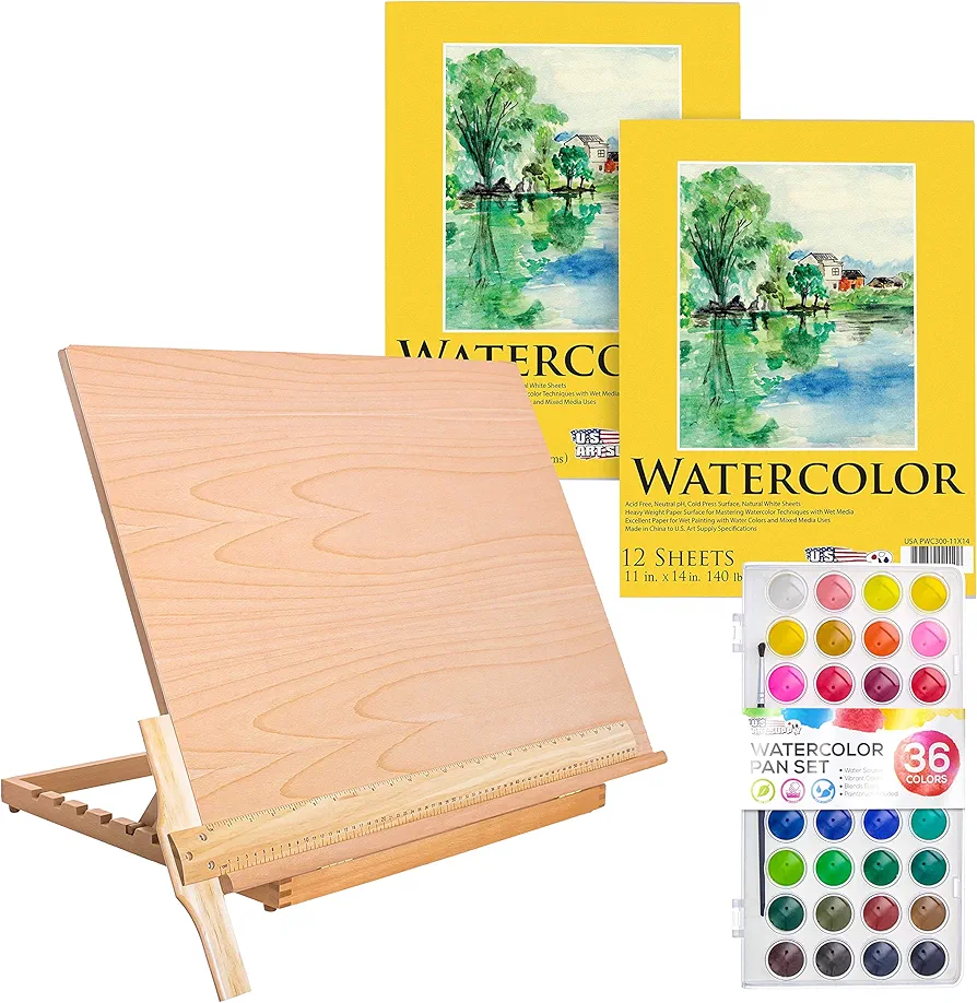 US Art Supply Extra Large Adjustable Wood Artist Drawing & Sketching Board 26" Wide x 21" Tall bundle with 2 Pads of 11" x 14" Heavy-Weight Watercolor Paper Pad & 36 Color Watercolor Paint Set