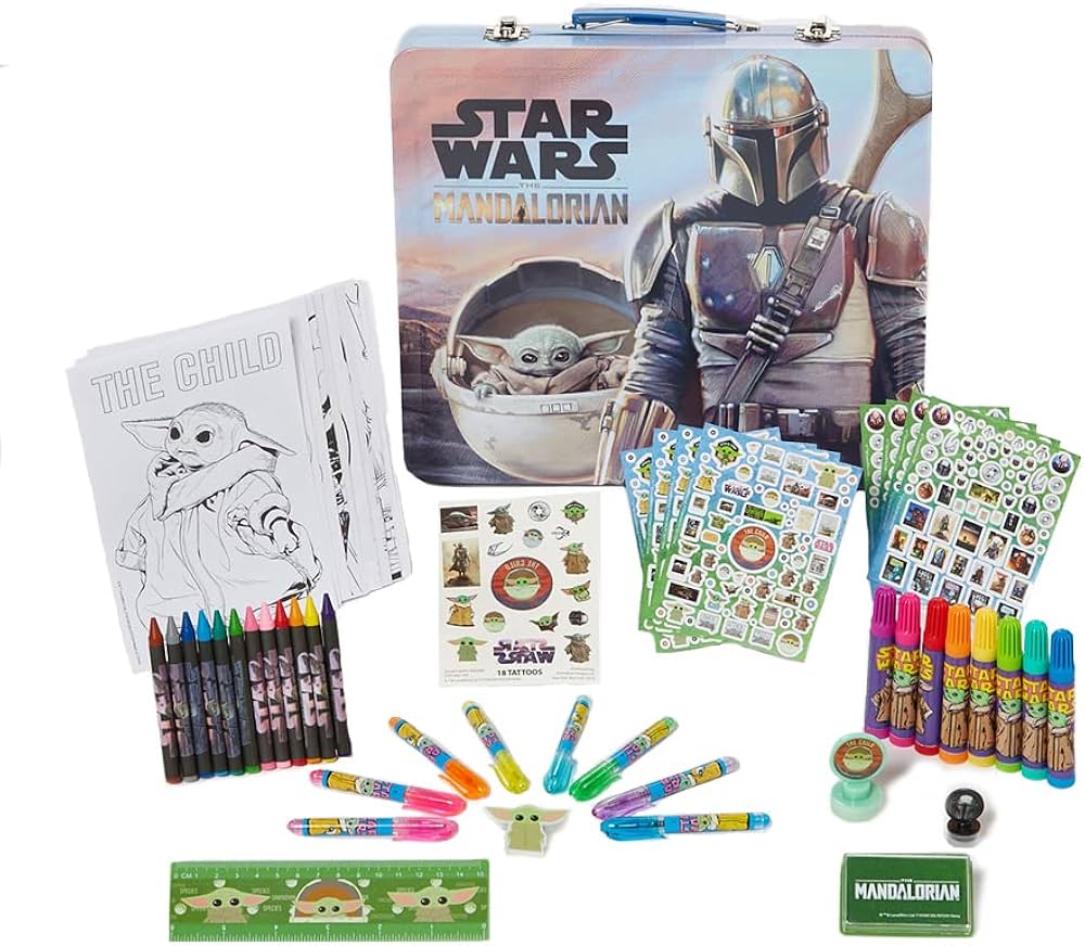 Innovative Designs Star Wars Mandalorian Baby Yoda Deluxe Activity Set for Kids with Carrying Tin, Coloring Sheets, Tattoos, Stickers, & Art Supplies, 500+ Pieces