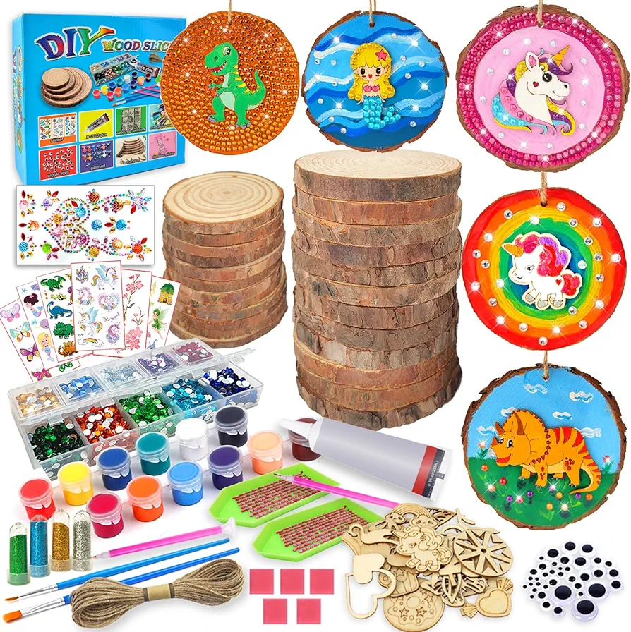 7July Wooden Arts and Crafts Kits for Kids Kids Boys Girls Age 6-12 Years Old,Wood Slices with Gem Diamond Painting Sets-Little Children's Art & Craft Gifts