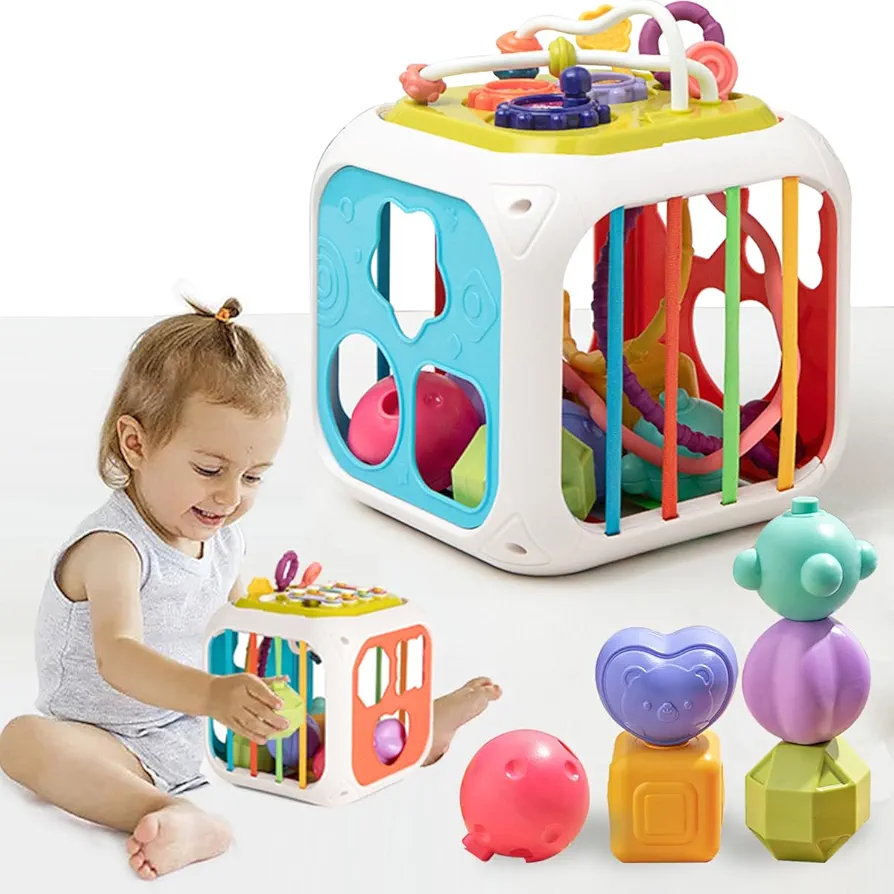 Baby Toys,Learning Education Preschool,7 in 1 Multifunction Toddler Learning Toy,Sensory Shape Sorter Colorful Stacking Building Blocks Pull String Early Developmental Birthday Gift 18+ Months