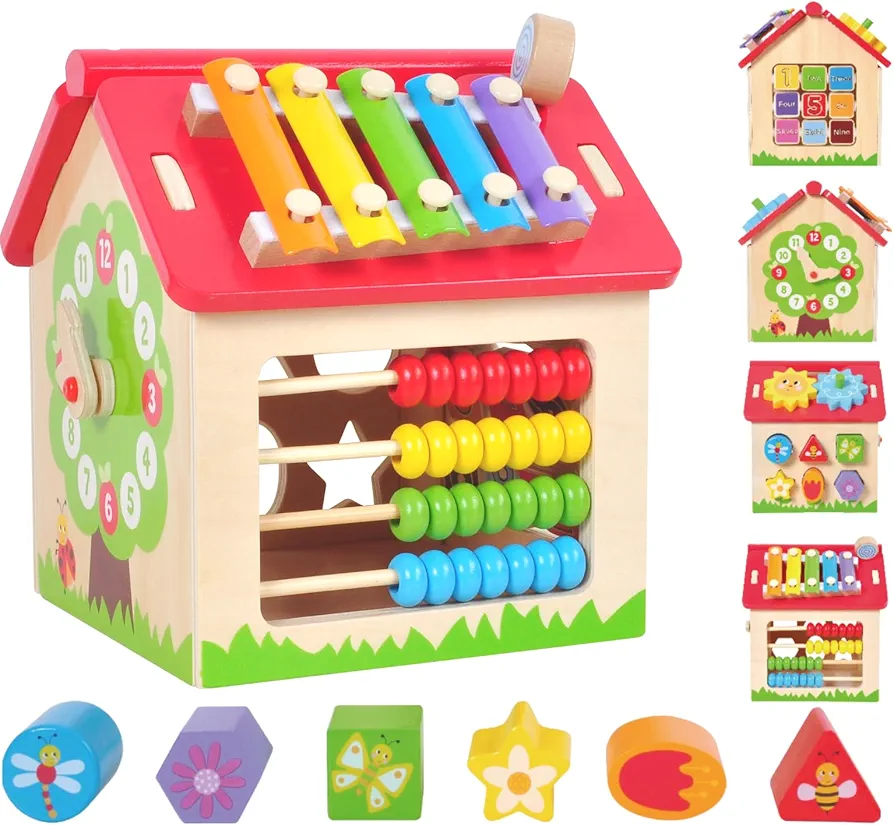 Kids Wooden Toy House, Activity Cube, Sensory Learning Toy, Montessori Toys for Toddlers, Birthday Gifts Set for Babys, Boys and Girls Aged 18 Months+