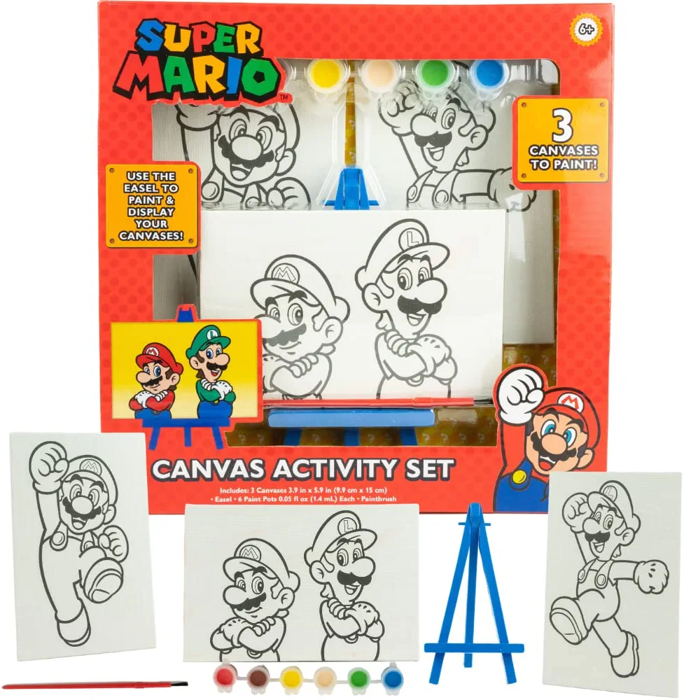 Innovative Designs Super Mario Canvas Paint Set for Kids with 3 Canvases, Acrylic Paint