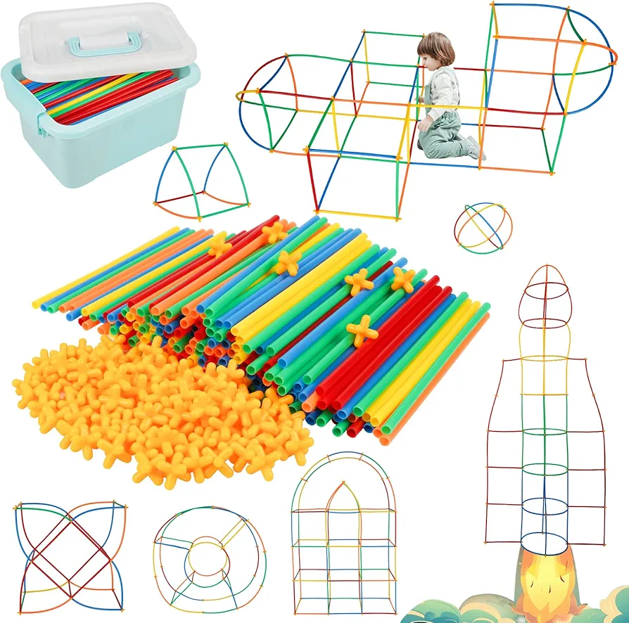 Straw Constructor Toys STEM Building 400Pcs Toy Interlocking Plastic Engineering Thin Tube Blocks Educational Kit for 3 4 5 6 7 years Kids Boys and Girls Gift