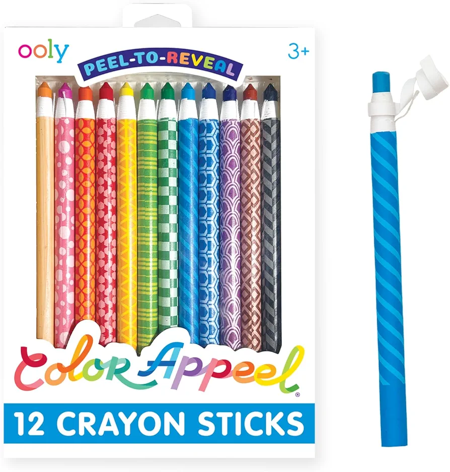 OOLY Color Appeel Crayon Sticks, Set of 12 Peelable Crayons for Kids,Wax Crayons Wrapped in Paper in 12 Unique Colors for Art Projects, Stationery Kits, School Supplies [Generation 2]