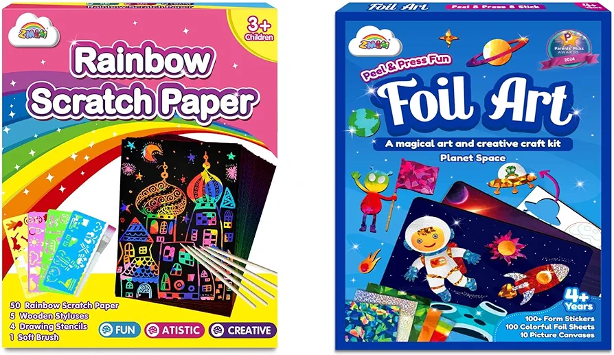 ZMLM Arts & Crafts Kit for Kids: Foil Art Space & Scratch Paper Gift for Girls Art Craft Supplies for Kid Activity Kits Travel Toys Birthday Halloween Christmas Gifts