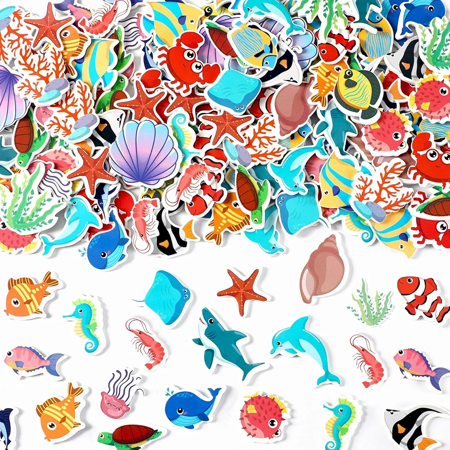 JULBEAR 300 Pieces Ocean Sea Animal Foam Stickers Bulk Self-Adhesive Tropical Fish Sea Creature Stickers Sea Turtles for Arts Crafts Ocean Theme Party Favors Decoration Home DIY Supplies