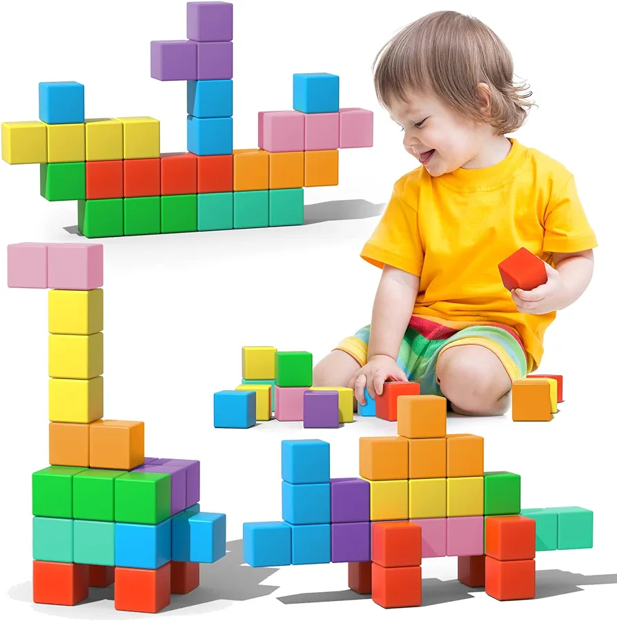 Magnetic Blocks, 56 Pieces 1.34 inch Large Magnetic Building Blocks, 3D Magnetic Cubes for Toddlers, Preschool Educational Construction Kit, Sensory Montessori Toys Kids Blocks for Boys Girls