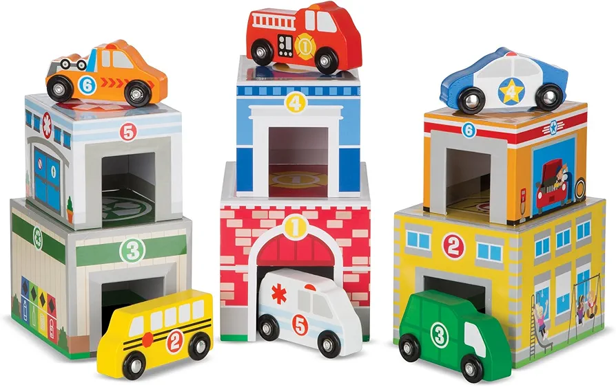 Melissa & Doug Nesting and Sorting Blocks - 6 Buildings, 6 Wooden Vehicles - FSC Certified