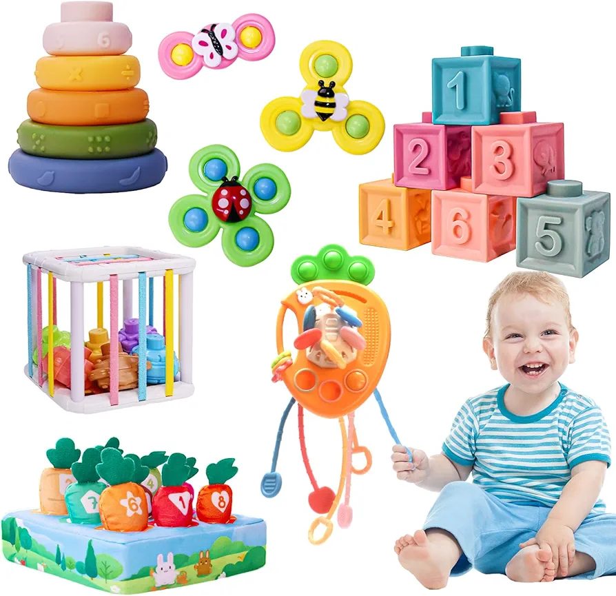 Baby Toys 6-12 Months, Montessori Toys for 1 Years Old, 6-in-1 Set Infant Toys with Sensory Toys, Spinner Toys for Babies, Baby Blocks, Stacking Toys, Learning Toys Gifts for Toddler Newborn, 32PCS