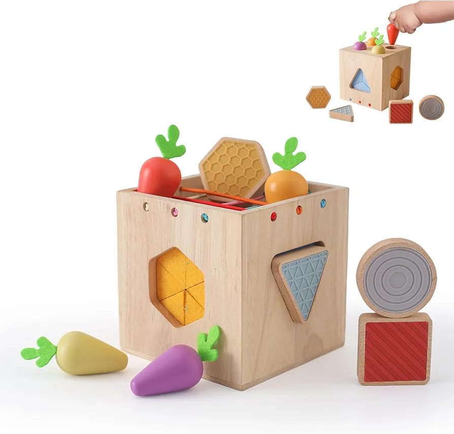 Wooden Shape Sorter Activity Cube for Boys and Girls Montessori Toys for Toddlers Sensory with Shape Block Carrots Harvest Game Development Fine Motor Skills Stacking Toy for Birthday Gifts