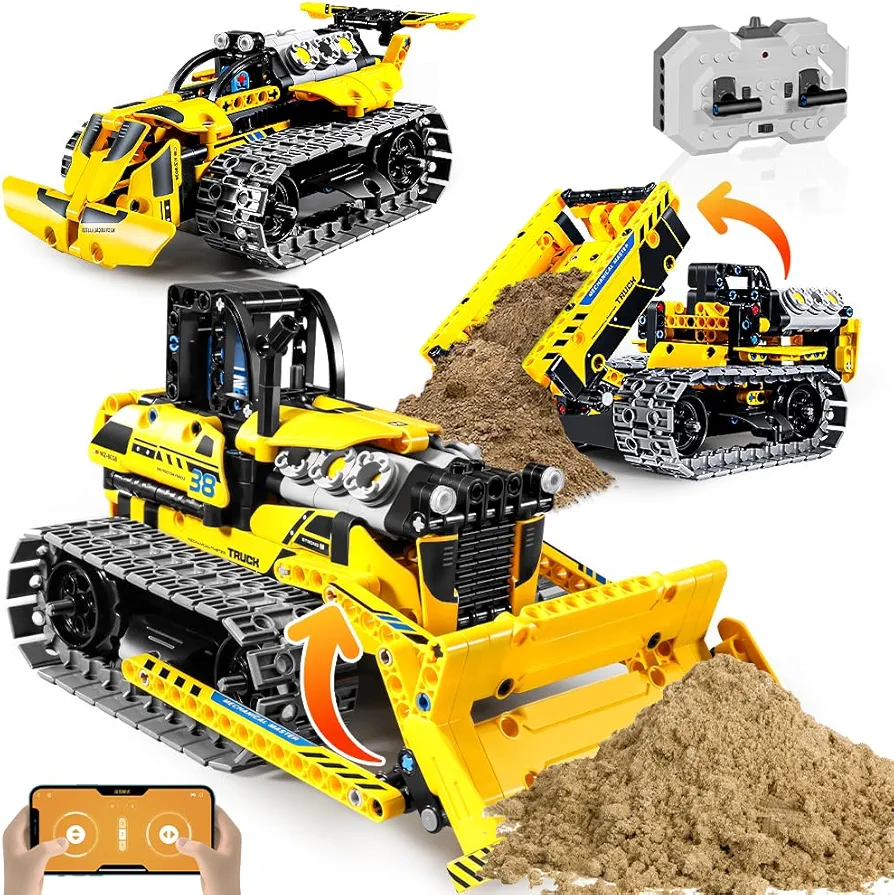 OKKIDY 3 in 1 Kids Remote Bulldozer STEM Technology Building Blocks Set Toys APP Remote Construction Blocks Engineering Excavator/Robot Ages 6-14 DIY Erector Sets for Boys and Girls-452 (PCS)