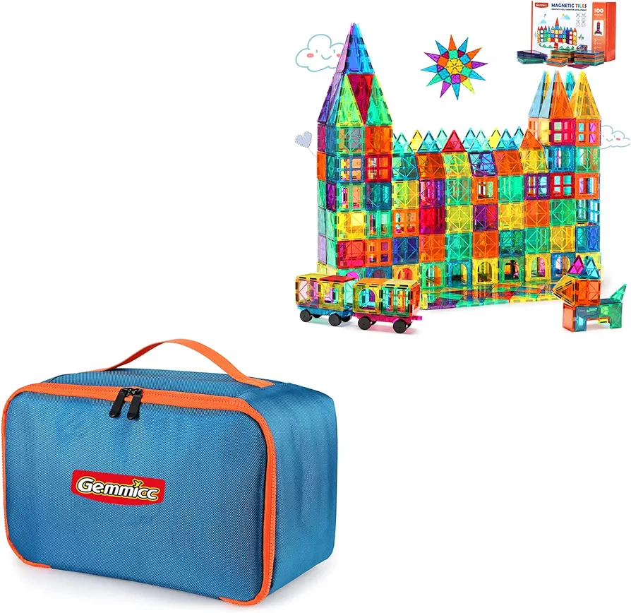 Gemmicc 100PCS Magnetic Tiles Set + Toy Carry Bag