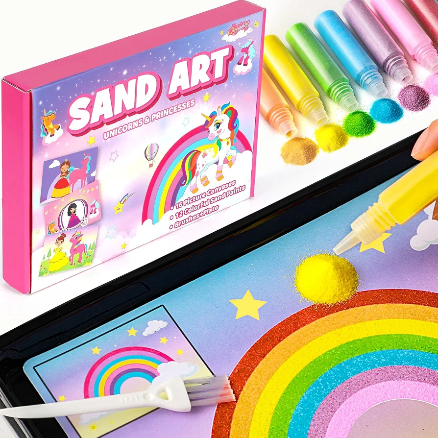 Qyeahkj 30 PCS Art & Craft Activity, Unicorn Sand Art Picture Art Craft Kits for Kids Colored Sand Board No Mess Unicorns Princesses Fun DIY Painting Project Birthday Gifts