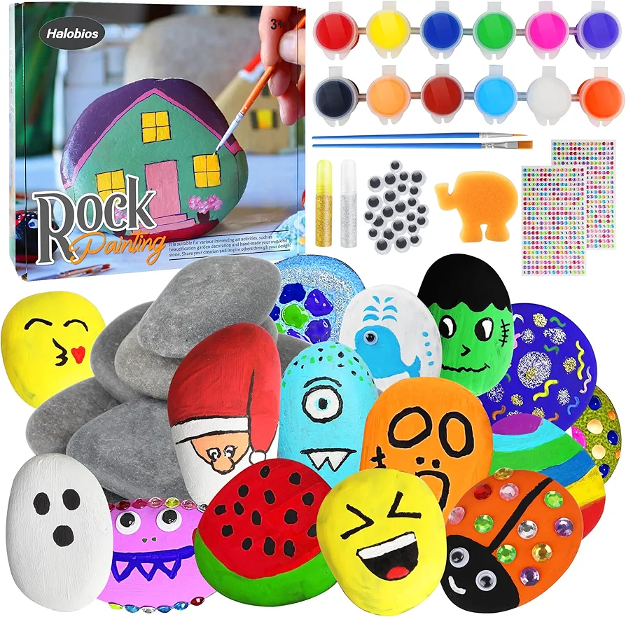 Halobios Rock Painting Kit, 55Pcs Rock Painting Supplies, Craft Kits with 12 Rocks, Painting Rocks for Adults, Arts and Crafts for Kids Ages 6-12, Art Supplies for Birthday Children's Day Gifts