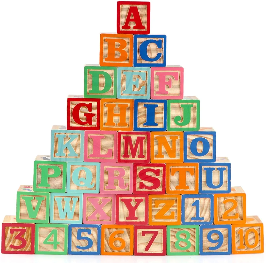 Wooden ABC Toy Building Blocks for Toddlers 1-3 36 PCS Wood Alphabet Number Blocks for Stacking Learning Preschool Educational Montessori Sensory Toys for Kids Boys Girls Gifts 1.7"