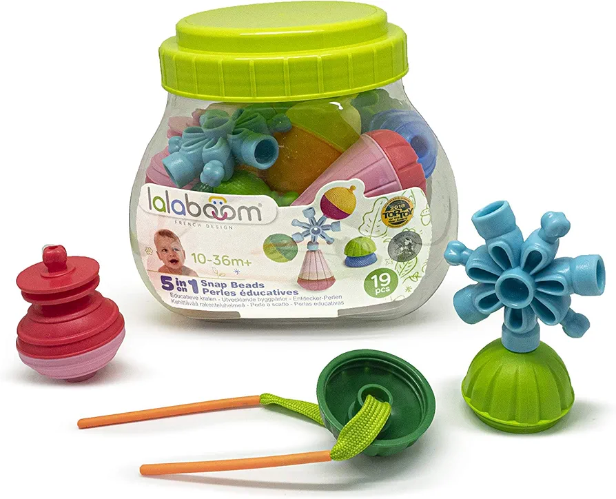 Lalaboom Bucket Set - 19 Piece Educational Baby Pop Beads and Accessories - Ages 10 Months to 3 Years - BL210