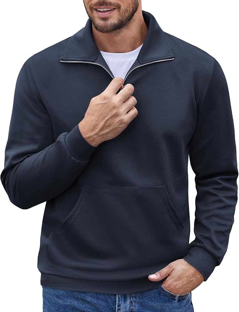 COOFANDY Men's Quarter Zip Up Pullover Long Sleeve Casual Polo Sweatshirt Slim Fit Mock Neck Sweaters with Pocket