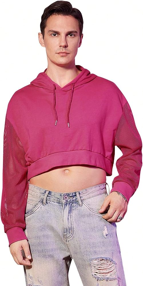 WDIRARA Men's Drawstring Mesh Long Sleeve Hoodie Sweatshirt Pullover Crop Top