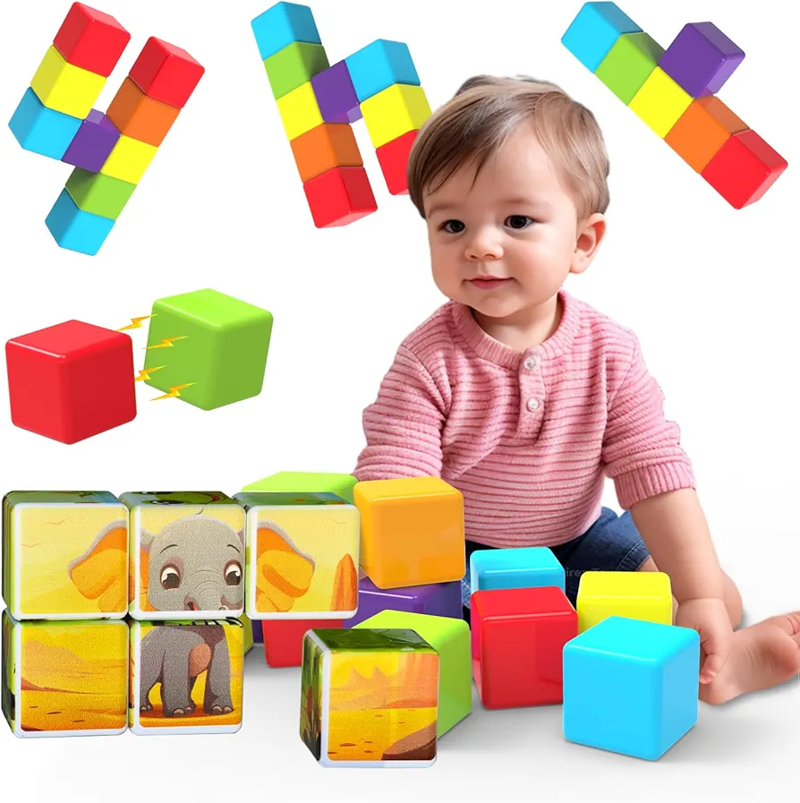 Magnetic Building Blocks & Magnetic Puzzle Toys for Toddlers, Large Building Blocks Cubes 1.65 inches, Sensory & Montessori Toys for Kids 3-5