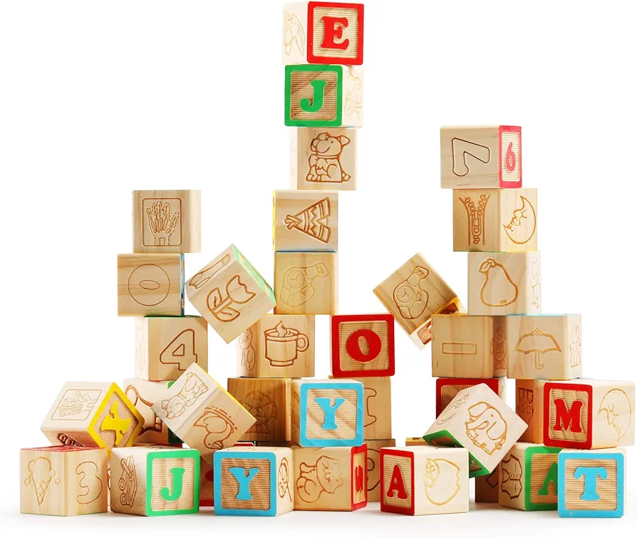 SainSmart Jr. Wooden ABC Alphabet Blocks Set, 40PCS Classic Wood Toy for Stacking Building Educational Learning, with Mesh Bag for Preschool Letters Number Counting for Ages 3 4 5 6 Toddlers,1.2"