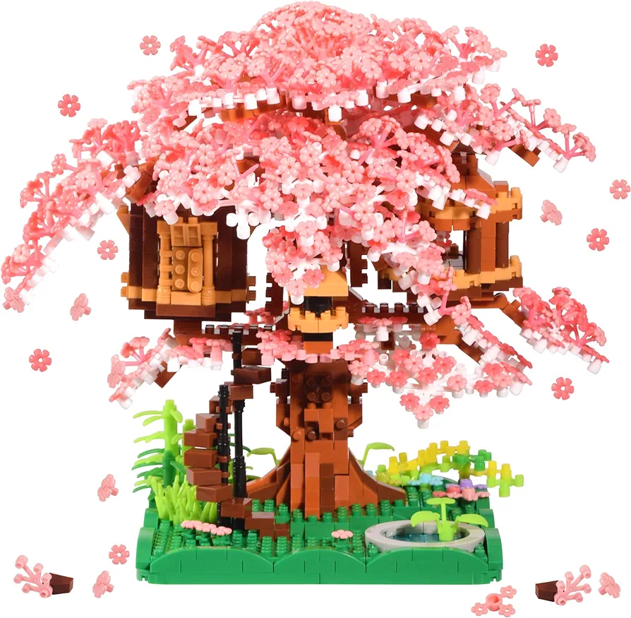 Japanese Cherry Blossoms Tree House Model Sets for Adults Architectural Flowers Treehouse Creative Mini Bricks Building Toy Present for Children Age of 14+ 2028PCS