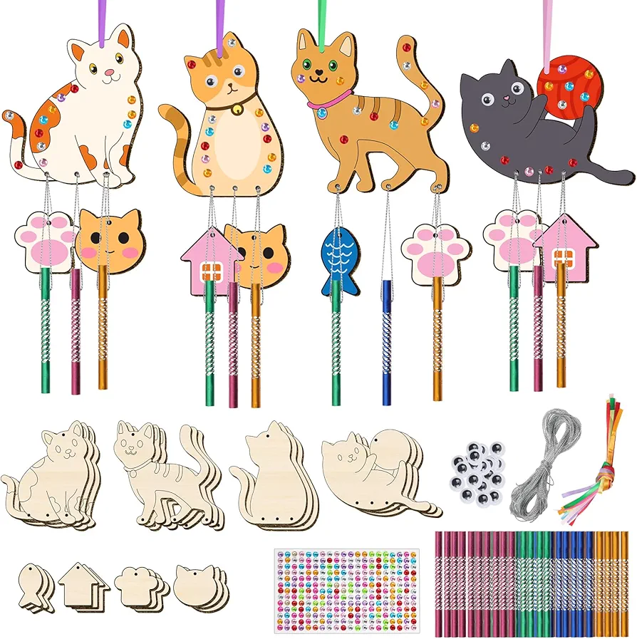 12 Pack Wind Chime Kit for Kids, Cat Make Your Own Wood Wind Chimes Arts and Crafts for Kids DIY Coloring Cat Ornaments Craft for Party Supplies Home Decoration