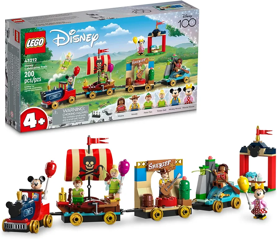 LEGO Disney 100 Celebration Train Building Toy 43212 Imaginative Play, Fun Birthday Gift for Preschool Kids Ages 4+, 6 Disney Minifigures: Moana, Woody, Peter Pan, Tinker Bell, Mickey & Minnie Mouse