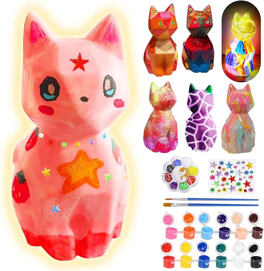 Paint Your Own Cat Lamp Kit, Art Supplies & Crafts Kit, DIY Night Light for Kids 6-12, Diamond Set for girl 8-12, Painting Kit for Girls Boys, Toy Child Birthday Gift Ages 3 4 5 6 7 8 9 10 11 12+